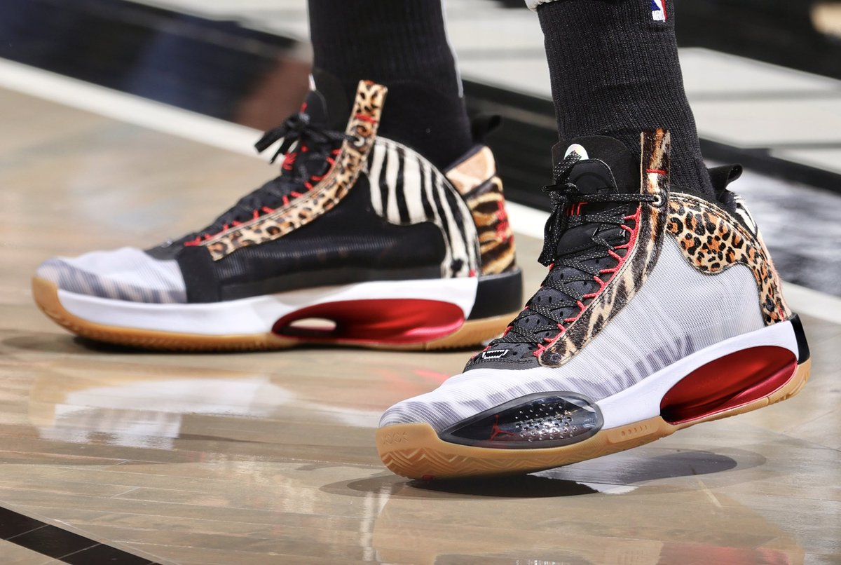 Jayson Tatum is going with his animal print Air Jordan 34s from