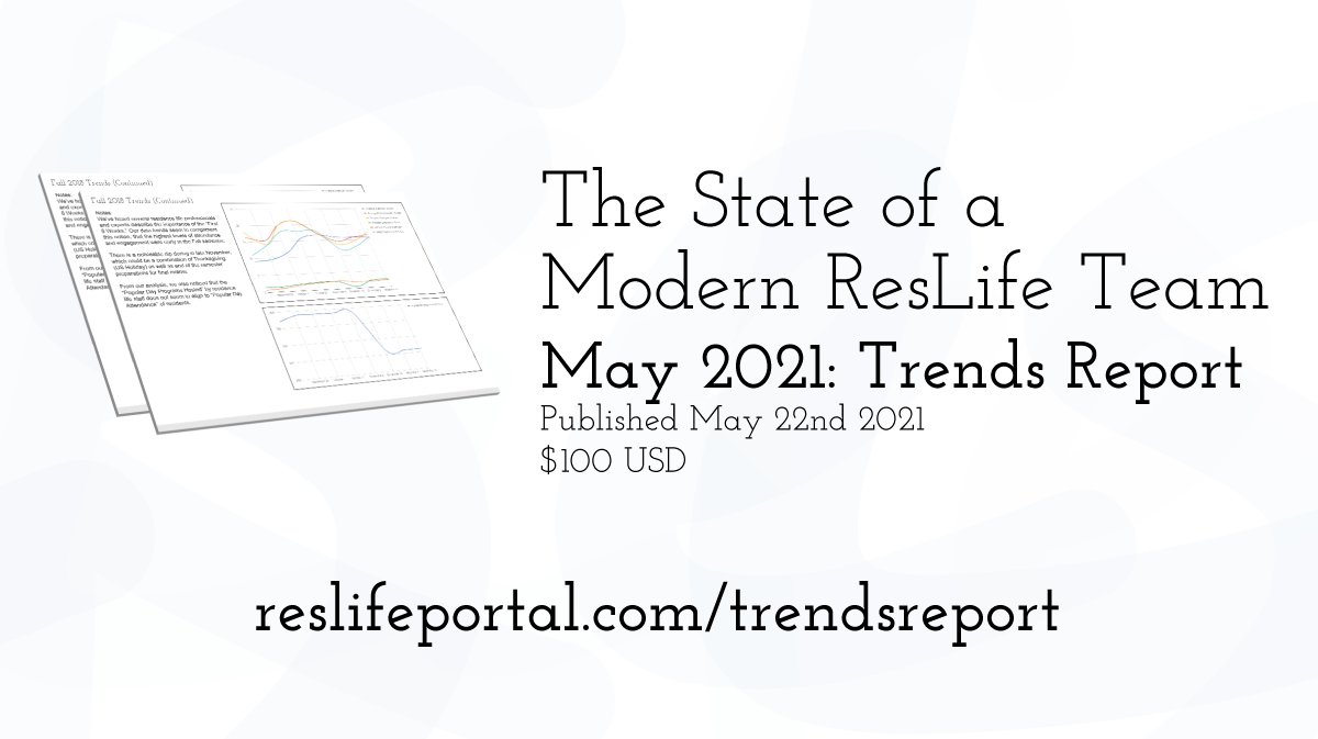 'The State of a Modern ResLife Team' May 2021: Trends Report 
Published May 22nd 2021. $100 USD reslifeportal.com/trendsreport/ #reslife #resed #residencelife #residentiallife #residenceeducation #highered #naspa #acuhoi #sapro #sachat #campuslife