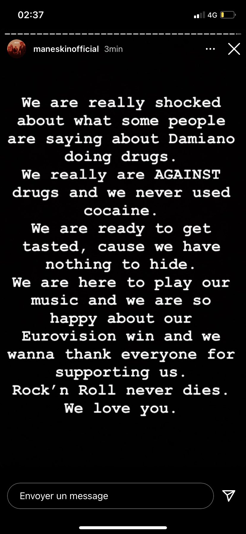 Guillaume Ouattara on Twitter: "Dans une story, le groupe italien #maneskin  annonce qu'il est prêt à subir des tests anti drogues pour mettre fin à  l'affaire de la #coke. #EUROVISION #Eurovision2021 #coke #