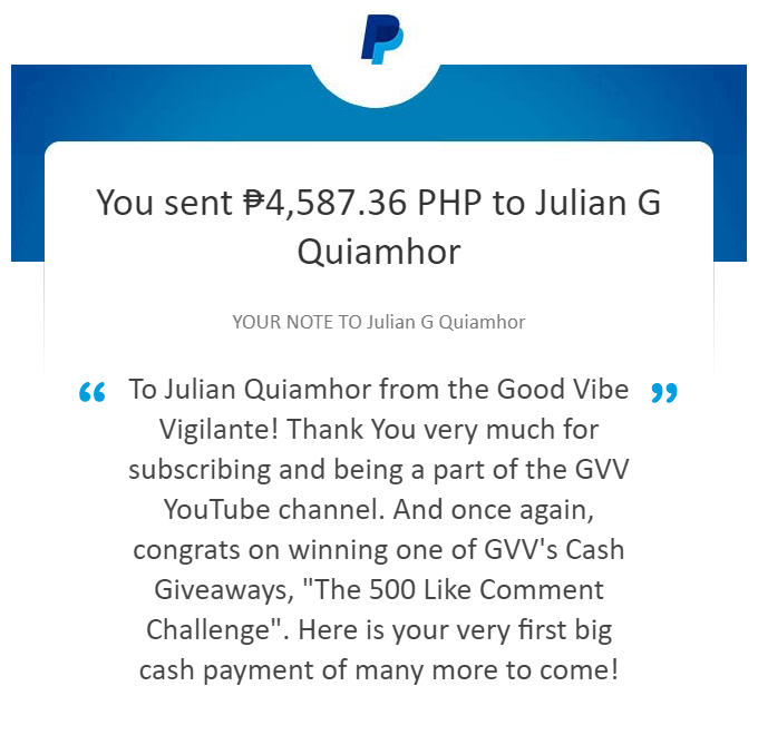 whoisgvv's tweet photo. @whoisgvv has already sent the 1st of many more #CashGiveaway payments which will be paid to the new #GVV #GiveawayWinner Julian "JQ" Quiamhor. Congrats on winning the "500 Like Comment Challenge" on my #YouTube! #ReTweet #Follow #Subscribe &amp; tell your friends to come win some 💵 https://t.co/VPywOk7Bo9