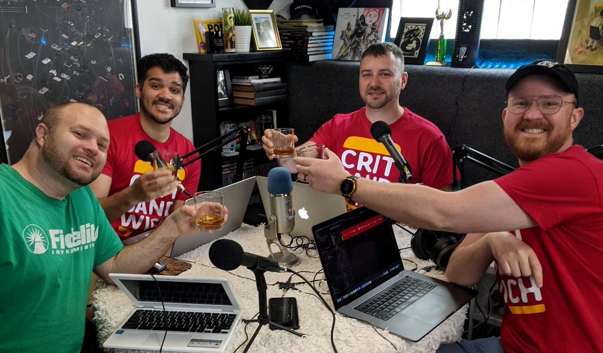 CritSandwich's tweet photo. The boys of @CritSandwich finally got together in person to record the final episode of campaign 10! Yes... Matt forgot his shirt.  Anyone know how to work a green screen? 😂 

#CritSandwichForever https://t.co/aAtoqFrkP1