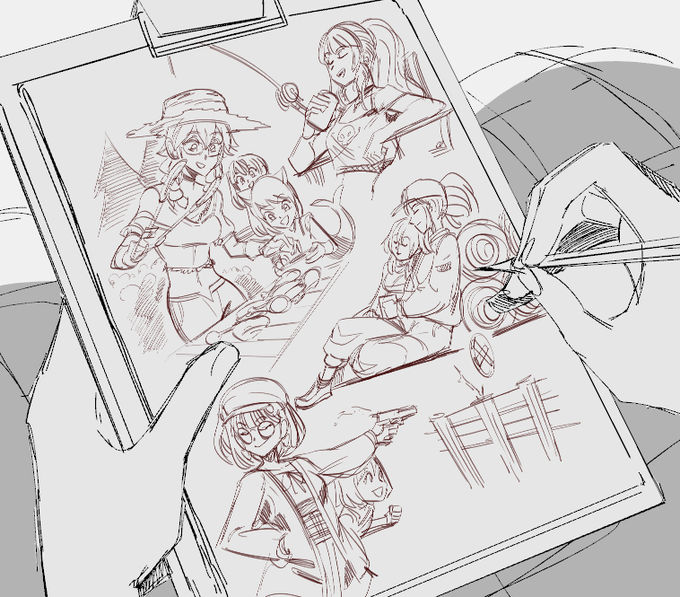 Since I was requested, here are the drawings from Ina's sketchpad/clipboard from the campfire animatic. 