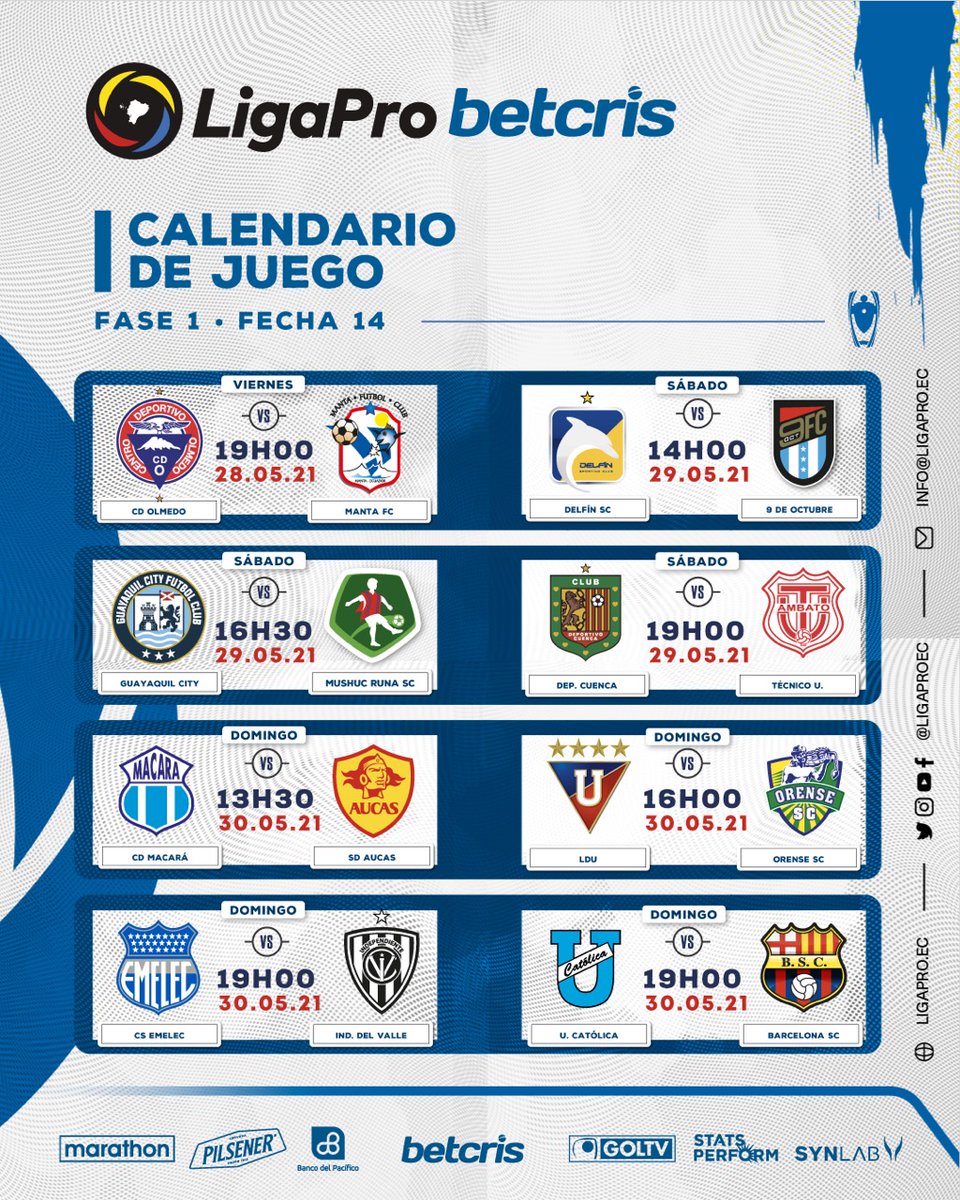 📢 Horario de los partidos correspondientes a la Fecha 14 Fase 1 de la LigaPro Betcris⠀⠀
⠀⠀⠀⠀
#LigaProBetcris