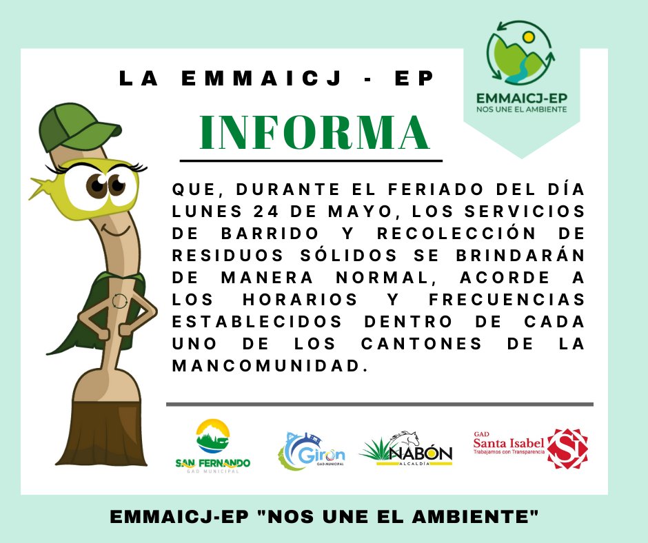 La #EMMAICJEP informa a la ciudadanía ℹ
<a href="/Municipio_Giron/">Municipio de Girón</a> <a href="/Alcaldia_SI/">Alcaldía Santa Isabel</a> <a href="/AlcaldiaNabon/">@Alcaldía_Nabón</a>  <a href="/GADSANFERNANDO1/">Gad San Fernando</a> @achirasnet  <a href="/atenasfm/">RadioAtenas</a> <a href="/LeoquinaRadio/">Leoquina Radio</a>