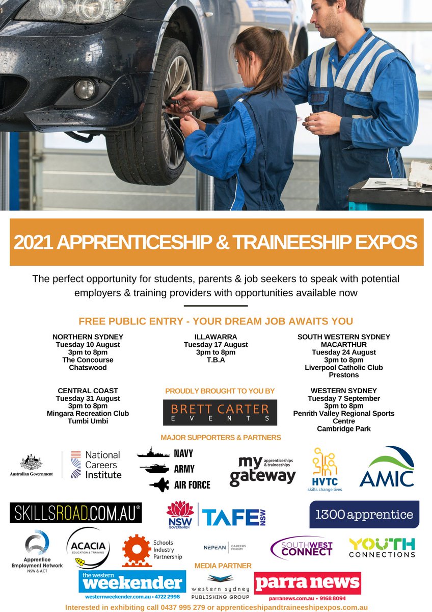brettmcarter's tweet photo. Brett Carter Events is delighted to welcome https://t.co/tCRT51fD7o as a Bronze Sponsor of the 2021 Apprenticeship &amp; Traineeship Expos. 
Like to be involved? Register today https://t.co/OkoKqFNv42

#Jobs #VET #skills #recovery #tafensw #employment #apprenticeships #traineeships https://t.co/U5Ellutt3J