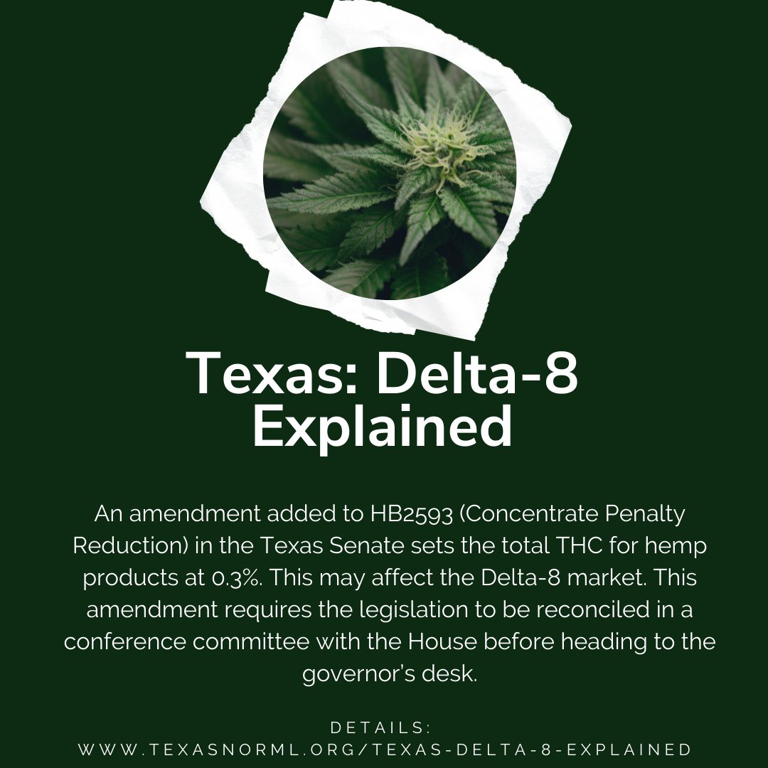 TexasNORML's tweet photo. An amendment added to #HB2593 (Concentrate Penalty Reduction) in the #Texas Senate sets total #THC for #hemp products at 0.3%. This may affect the #Delta8 market. The amendment requires the legislation be reconciled before going to the Gov’s desk.

More: https://t.co/2pTjiQamqs https://t.co/J197KoQiOy