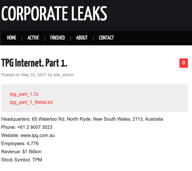 docratton's tweet photo. Looks like an ISP in Australia @TPG_Telecom has been hit by Nefilim ransomware and sample data has been posted to their onion site #ransomware https://t.co/IO9CAAzWoX