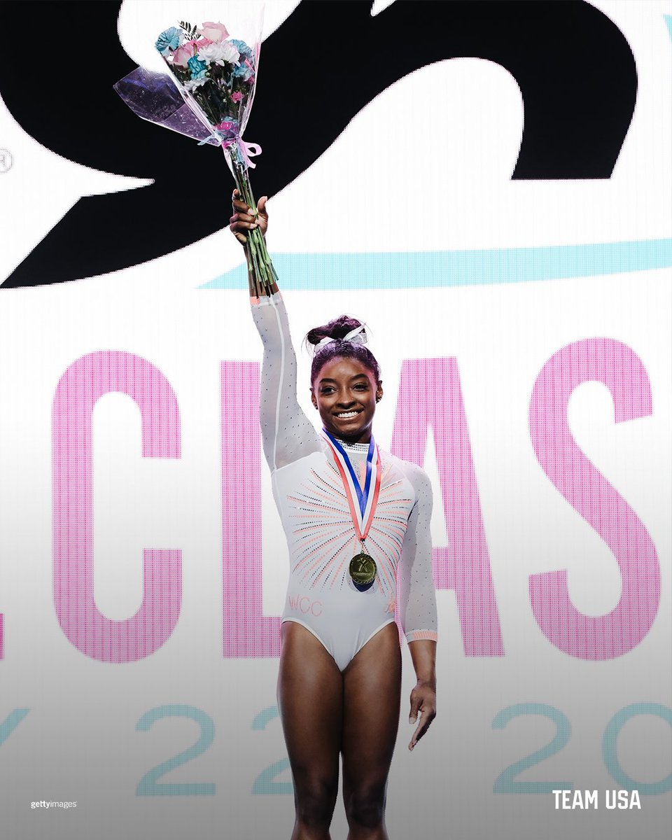 Simone Biles pictured on the podium. 