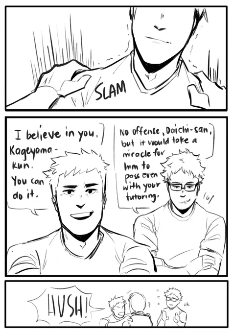 Birds of a Feather Try  where Daichi tries to take it upon himself to tutor Kageyama, dragging Tsukishima to help him, and Kageyama is just trying his best to English.#haikyuu #haikyuufanart #kageyamatobio #tsukishimakei #sawamuradaichi 