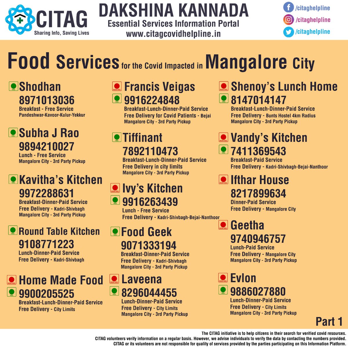 Food delivery services for #Covid affected in Mangalore - Free &amp; paid, information now available on our portal citagcovidhelpline.in
#SharingInfoSavingLives
<a href="/FancyUserid/">Manel Ramesh Nayak</a> <a href="/CITAG_Official/">CITAG</a> <a href="/grovervj/">VIJAY</a> <a href="/reader_wanderer/">Poornima Prabhu</a> <a href="/DCDK9/">DC</a> <a href="/spdkpolice/">Dakshina Kannada District Police</a> <a href="/MangaloreCity/">Mangalore City</a> <a href="/anantkkumar/">Ananth Kumar</a> <a href="/mangalore_today/">Mangalore Today News</a>