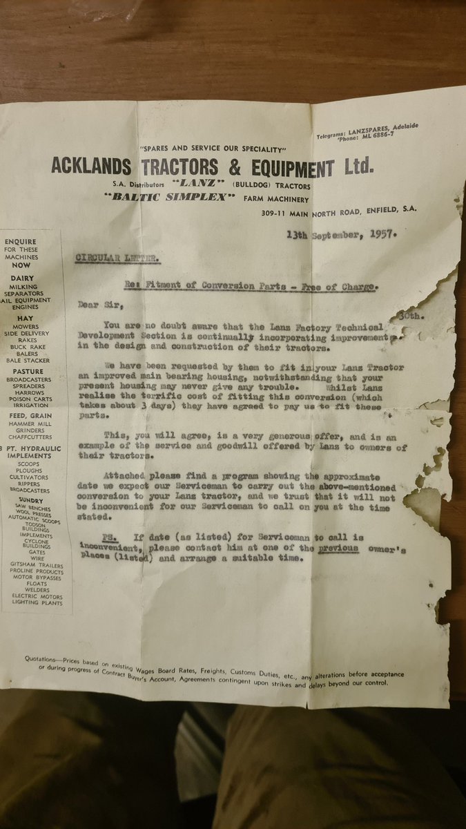 Borgie84's tweet photo. Found this letter that mygrandfather received back in 1957 for some work to be carried out on his Lanz Bulldog tractor for some improvements at no cost to him. Not to many tractor companies out there would be doing that theses days. Few west coast farmers names on the second page https://t.co/RVmik8DXBr