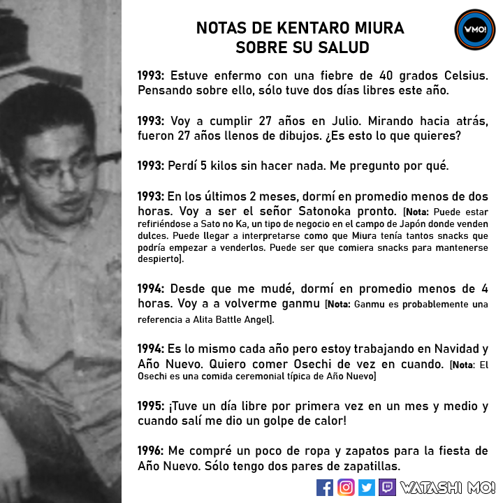 WatashiMOOK's tweet photo. El usuario de Reddit r/AdmirableFondant0 publicó una serie de notas que Kentaro Miura, mangaka de Berserk, fue escribiendo a lo largo de los años en la revista Young Animal. El propio mangaka cuenta como está su salud, el poco descanso que tiene, sus anhelos y su estilo de vida. https://t.co/jco6WVsxQx