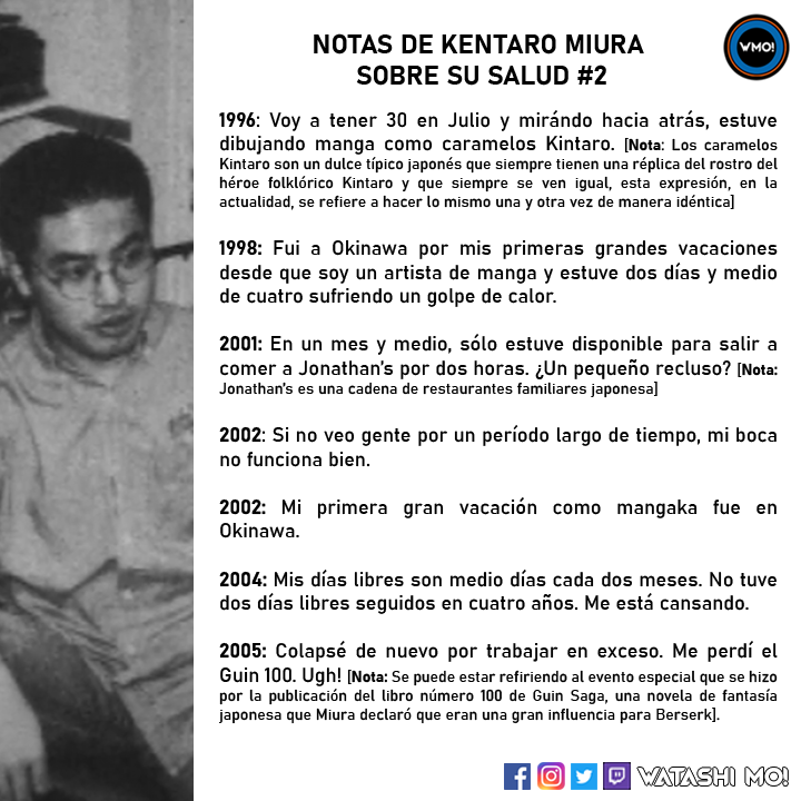 WatashiMOOK's tweet photo. El usuario de Reddit r/AdmirableFondant0 publicó una serie de notas que Kentaro Miura, mangaka de Berserk, fue escribiendo a lo largo de los años en la revista Young Animal. El propio mangaka cuenta como está su salud, el poco descanso que tiene, sus anhelos y su estilo de vida. https://t.co/jco6WVsxQx