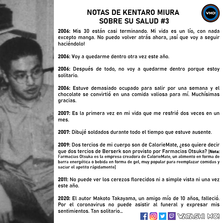 WatashiMOOK's tweet photo. El usuario de Reddit r/AdmirableFondant0 publicó una serie de notas que Kentaro Miura, mangaka de Berserk, fue escribiendo a lo largo de los años en la revista Young Animal. El propio mangaka cuenta como está su salud, el poco descanso que tiene, sus anhelos y su estilo de vida. https://t.co/jco6WVsxQx