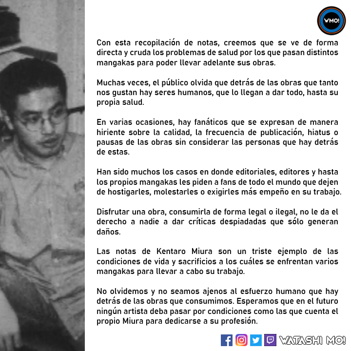 WatashiMOOK's tweet photo. El usuario de Reddit r/AdmirableFondant0 publicó una serie de notas que Kentaro Miura, mangaka de Berserk, fue escribiendo a lo largo de los años en la revista Young Animal. El propio mangaka cuenta como está su salud, el poco descanso que tiene, sus anhelos y su estilo de vida. https://t.co/jco6WVsxQx