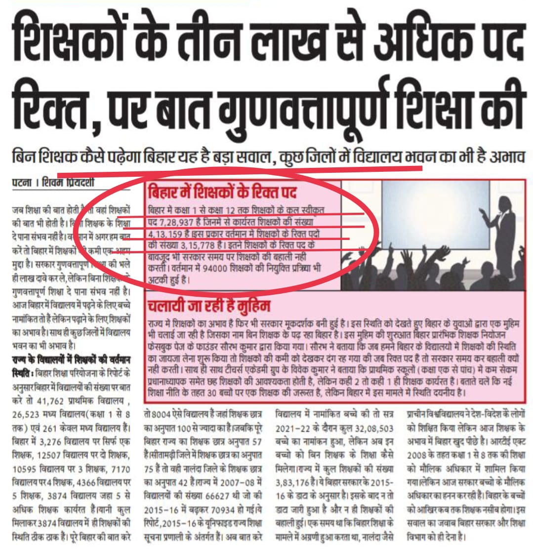 Sandeep_Saurav_'s tweet photo. कुशासन को सुशासन कहा जाता है!
लाखों शिक्षकों के पद खाली रखकर गुणवत्तापूर्ण शिक्षा देने की बात की जाती है !
- ये बिहार है !!
@VijayKChy क्या ऐसे ही चलेगा शिक्षा विभाग ??
#Bihar_Needs_Teachers https://t.co/r68pTmnIRd