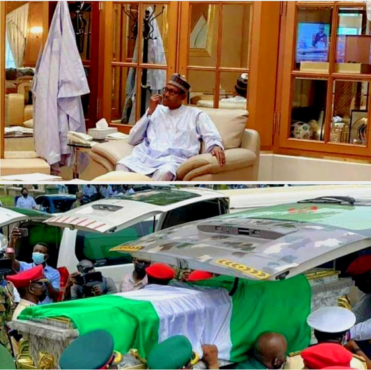 Victorbala07's tweet photo. Your top #Military and gallant officers die on an official assignment yet you fail to attend their burial in person.
Please #WhereIsPresidentBuhari? Frankly speaking, I doubt if we have a #President. #ChiefofArmyStaff #RIPCOAS 💔💔💔 Kano Buhari Fear God https://t.co/JmoSnEMX4v