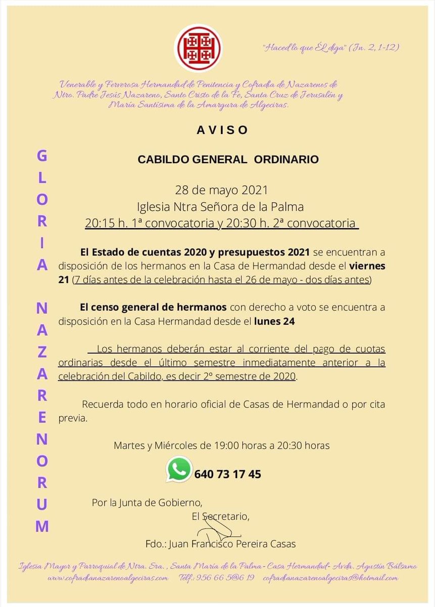 Cabildo General de Hermanos

📆 viernes 28 de mayo
⏰ 20:15 h. (1°conv)y 20:30h. (2°conv) 
💒 Interior Parroquia de la Palma

📣 #AVISO