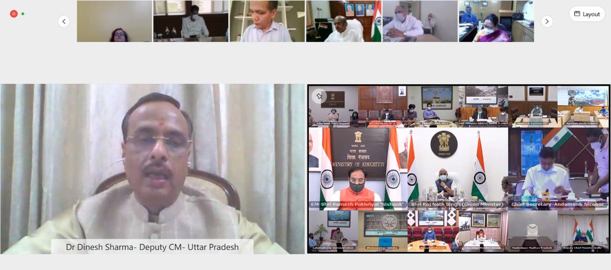NidhiTanejaa's tweet photo. Defence Minister Rajnath Singh chairs high-level meeting with all States/UT Education Ministers, Education Secretaries &amp; Chairpersons of State Examination Boards &amp; stakeholders to discuss proposals for conduction of Class 12 exams &amp; entrance exams for professional courses. https://t.co/5hui0S8tyK