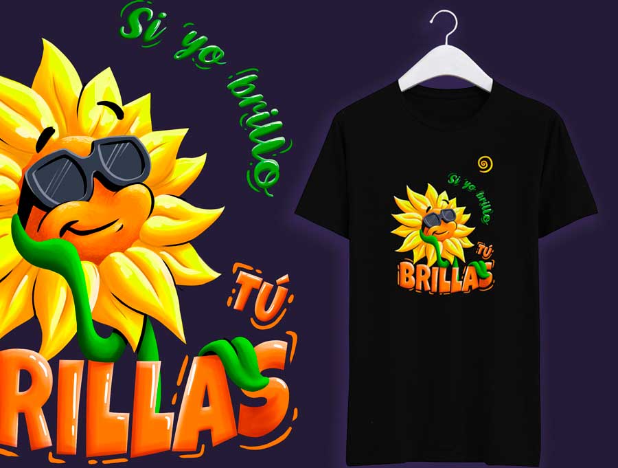 Happy and funny #sunflower "Si yo brillo tu brillas". 
T-shirts or illustrated #merchandise

#merchandising #illustration #flower #coaching #tshirtdesign #tshirts