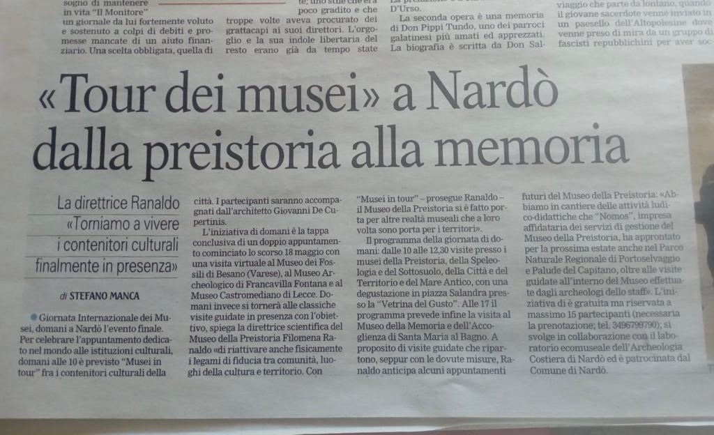 Ieri Stefano Manca su Lagazzettadelmezzogiorno.it invita al nostro #InternationalMuseumDay2021 che si conclude oggi con un Tour di cittadinanza tra musei, centro storico e marine - 349 679 9790.
 #TheFutureOfMuseums #museo #distrettodellapreistoriadiNardò #patrimonio #comunità