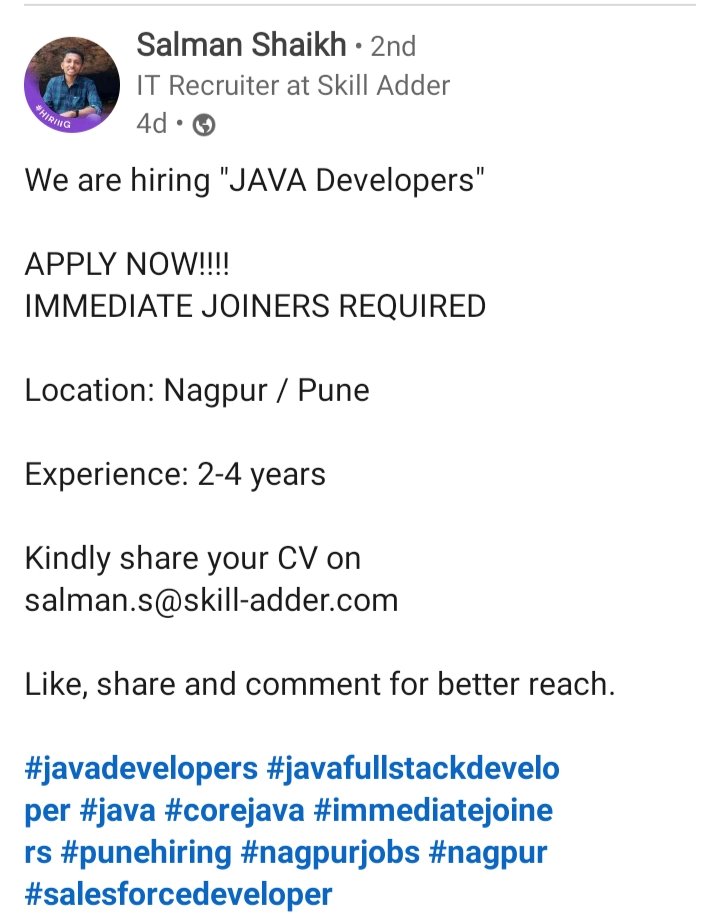 SushilWankhed86's tweet photo. #Nowhiring 23/05/2021 #Nagpur #Freshers #Pune
Join Grp - Link in Bio
#jobs #joboftheday #Engineers #EngineeringJobs #java #javadeveloper #ITjobs #Internship #softwareDeveloper
#followme #resumetemplates #StaySafe #sundayvibes #savefarmers #ThePlaceOfDevil #followshoutout https://t.co/BZDaTRpc1e