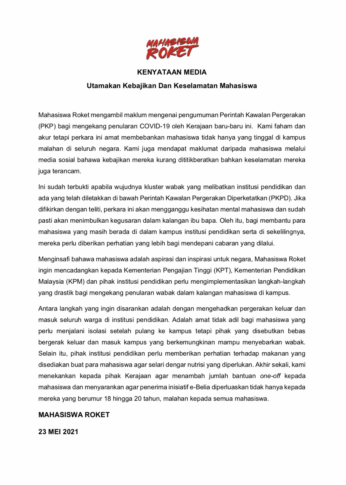 ØªÙˆÙŠØªØ± Mahasiswa Roket Ø¹Ù„Ù‰ ØªÙˆÙŠØªØ± Media Statement Prioritize The Welfare And Safety Of Students 23 May 2021 Https T Co Rppc7zvr8m