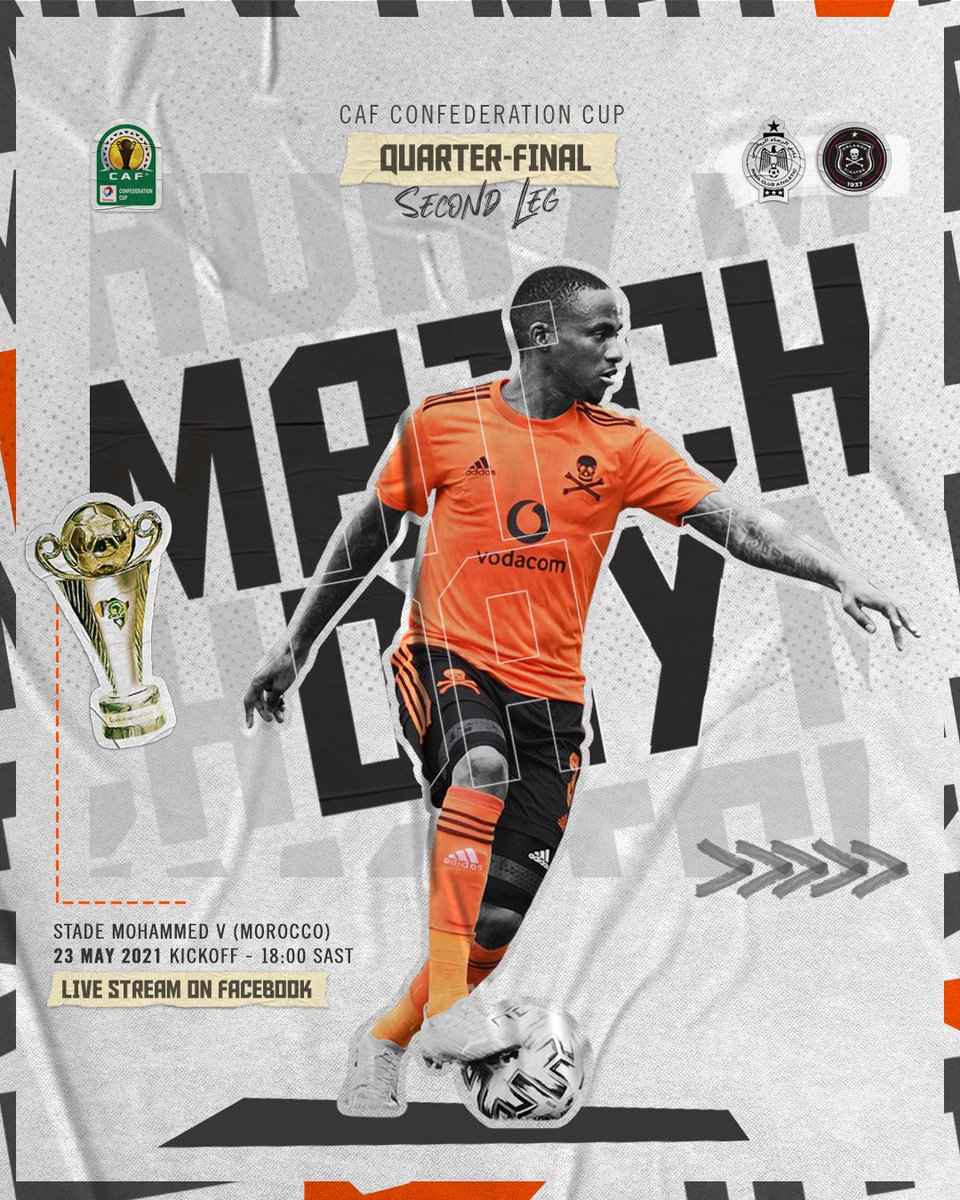 orlandopirates's tweet photo. ☠ 🚨 𝗠𝗔𝗧𝗖𝗛 𝗗𝗔𝗬 🚨

🏆 #TotalCAFCC Quarterfinal 2nd Leg
⚽️ @RCAofficiel 🇲🇦 vs 🇿🇦 @orlandopirates
📆 Today, 23 May 2021
🏟 Stade Mohammed V
🕕 18h00 SAST
📺 Watch LIVE 👉🏿 https://t.co/4HdrXfgb8x

⚫⚪🔴⭐
#Matchday 
#OrlandoPirates 
#OnceAlways https://t.co/BhLMgimtRp