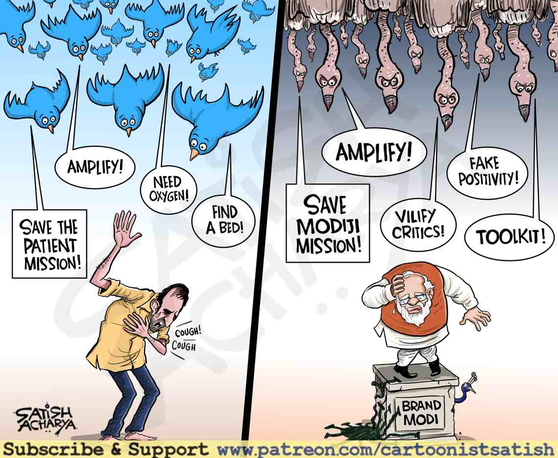 While the country is devastated by the pandemic with lakhs losing their lives, livelihood and loved ones, the Govt's &amp; BJP's sole focus is to save Modi's crumbling image.
Cartoon Courtesy: <a href="/satishacharya/">Satish Acharya</a>