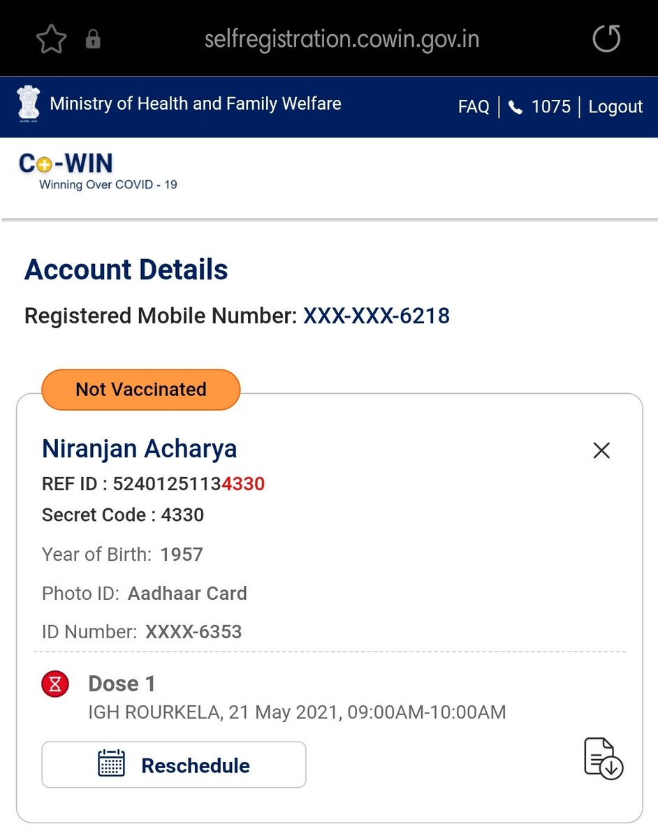 Lushmita1's tweet photo. @HFWOdisha @DMSundargarh @AdmRourkela @RourkelaMC 
My father took vaccine at Igh on 21-05-21 at 9am-10am slot.But even after 48hrs,I've not received any confirmation message on registered number, also cowin portal is not updated.
Name-Niranjan Acharya 
Reference id-52401251134330 https://t.co/oXMsKmo2vo