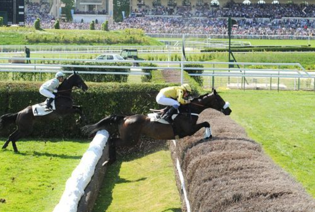 Storm Of Saintly and Vincent Cheminaud take off over the Rail-Ditch in the 2014 Grand-Steeple