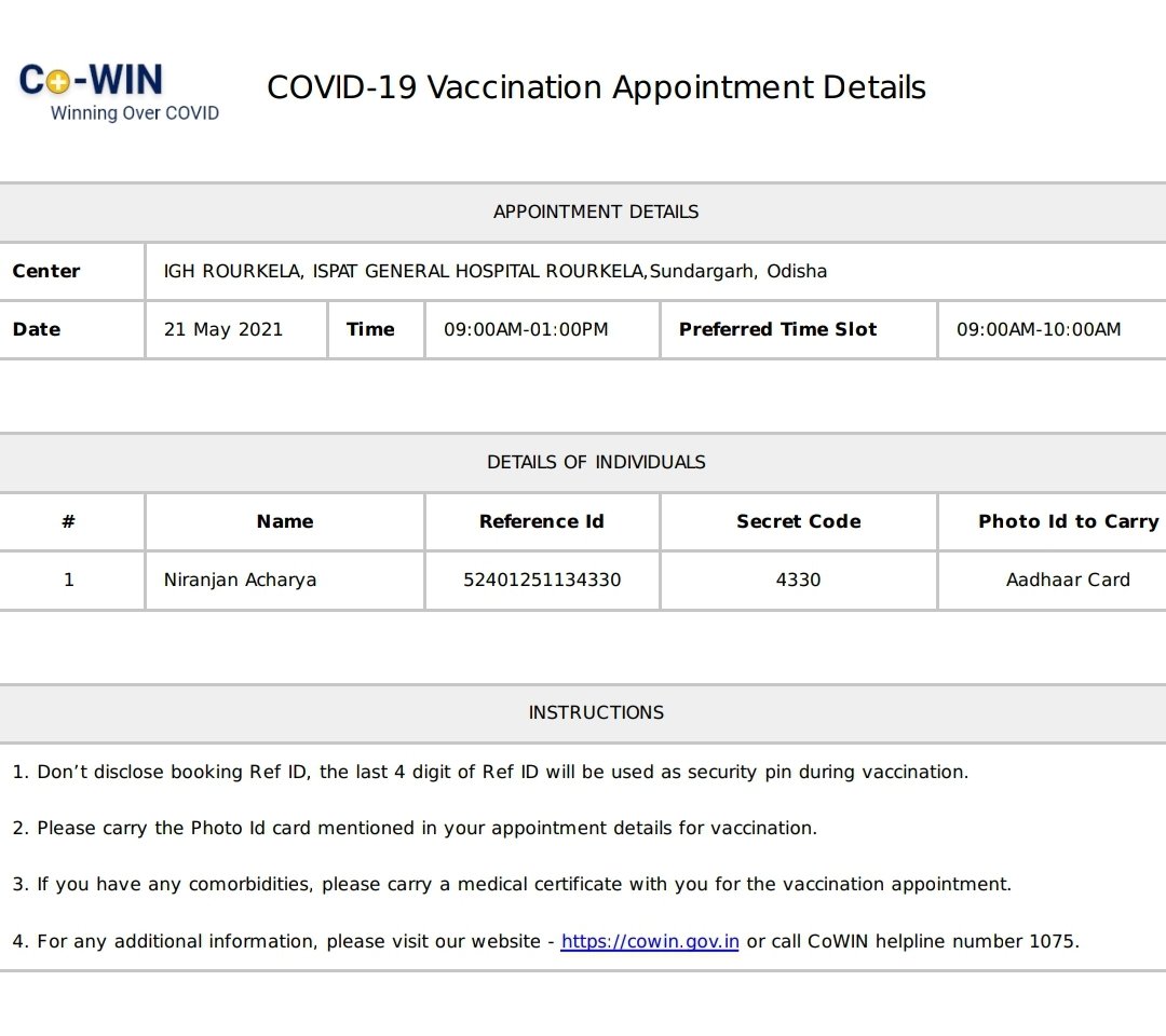 Lushmita1's tweet photo. @HFWOdisha @DMSundargarh @AdmRourkela @RourkelaMC 
My father took vaccine at Igh on 21-05-21 at 9am-10am slot.But even after 48hrs,I've not received any confirmation message on registered number, also cowin portal is not updated.
Name-Niranjan Acharya 
Reference id-52401251134330 https://t.co/oXMsKmo2vo