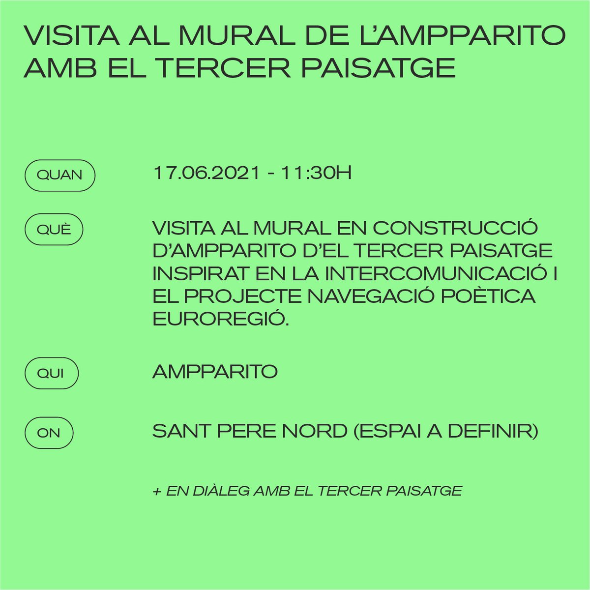 ElixirPoetic's tweet photo. DIJOUS 17/06
VISITA mural de @elamparito + El Tercer Paisatge (11:30h St Pere Nord)
TALLER de RAP @VerSembrant (Ins Jaume Cabré) @casamusicaTrs
Diàleg Navegació Poètica Euroregió (13h @ateneuCandela)@Euroregion
Navegació Poètica Euroregió (19h Coral dels amics)
💻: @bakoom_studio https://t.co/Q8HE6nyIwg
