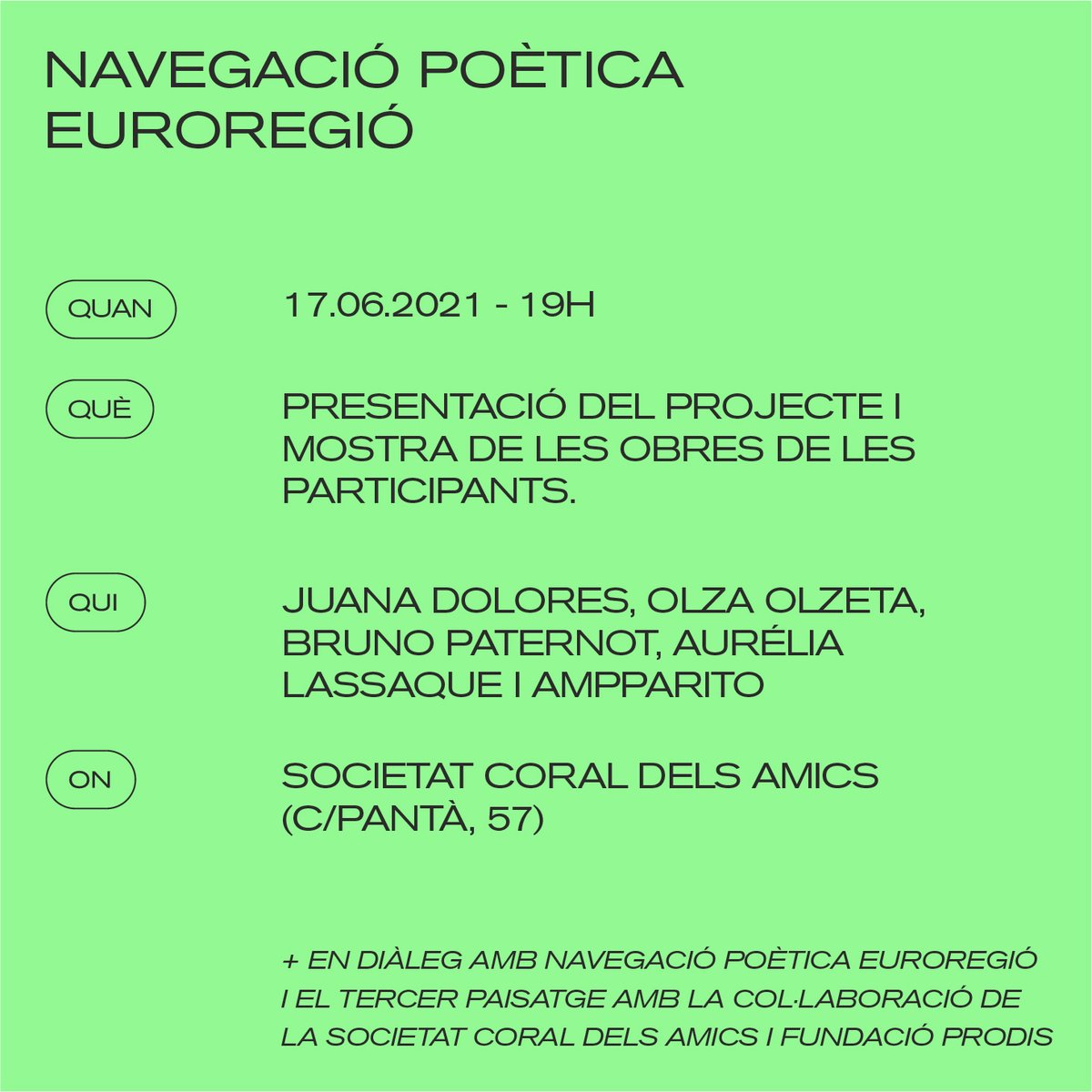 ElixirPoetic's tweet photo. DIJOUS 17/06
VISITA mural de @elamparito + El Tercer Paisatge (11:30h St Pere Nord)
TALLER de RAP @VerSembrant (Ins Jaume Cabré) @casamusicaTrs
Diàleg Navegació Poètica Euroregió (13h @ateneuCandela)@Euroregion
Navegació Poètica Euroregió (19h Coral dels amics)
💻: @bakoom_studio https://t.co/Q8HE6nyIwg