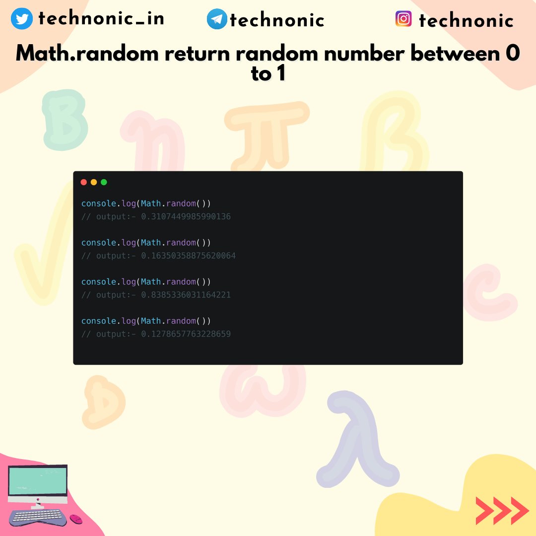 technonic_in's tweet image. Math.random return random number between 0 to 1

#30daysofcode #javascriptfunctions #30dayjavascriptchallenge #javascript #webdevelopment #js #javaScriptMethods #mathfunctions