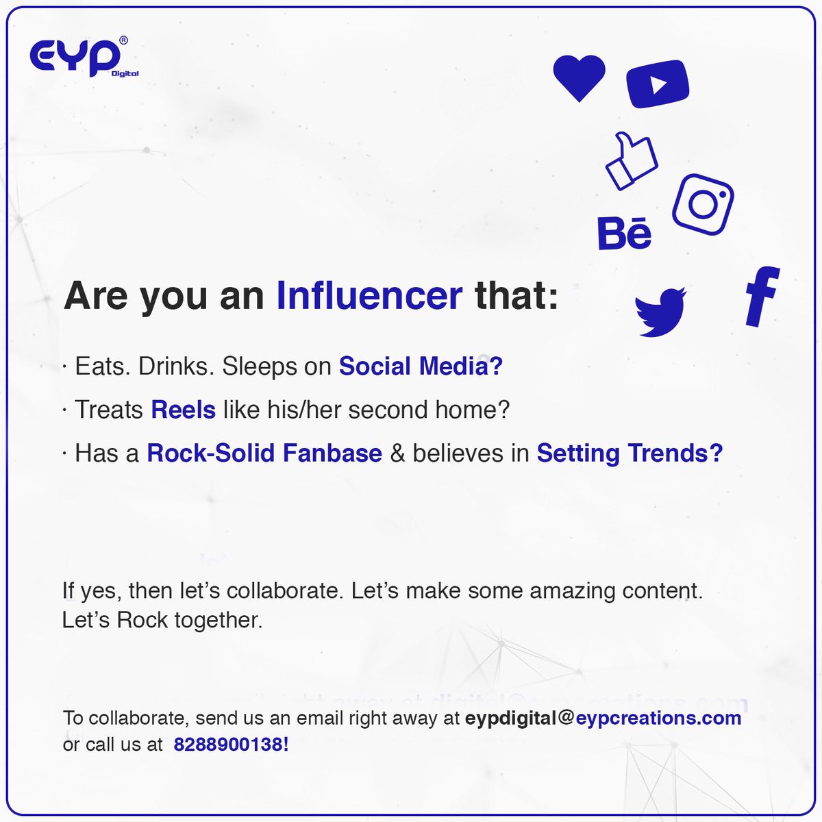 eyp_digital's tweet photo. Calling all the supremely talented influencers out there for some really amazing collaborations in store. Let’s collaborate. Let’s rock together. 
.
.
.
#collaboration #eypdigital #digital #initiative #eypcreations #influencers #bloggers https://t.co/aStuQkhkhw