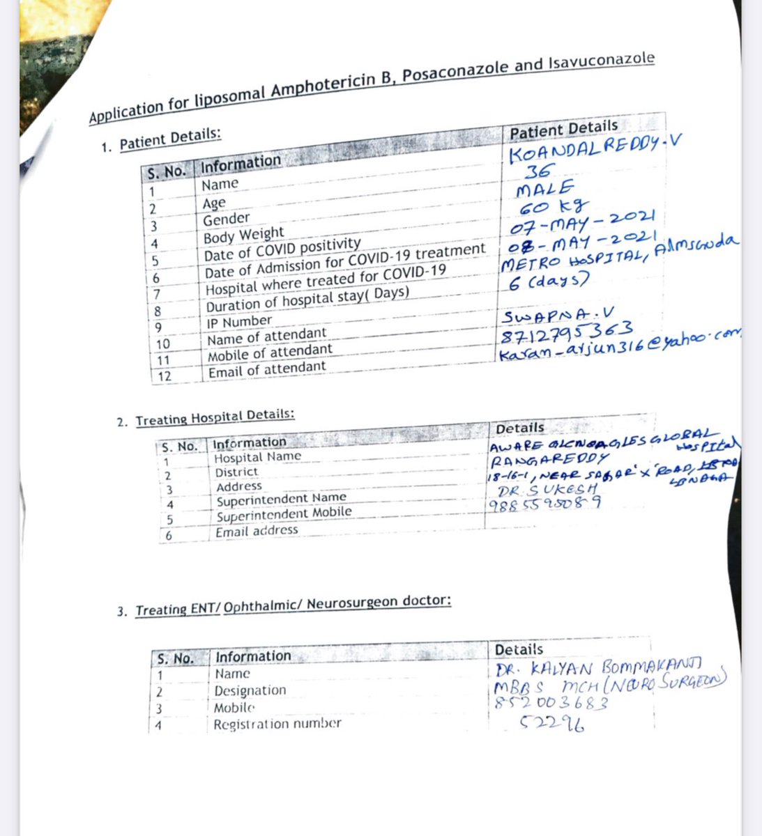 SwapnaR68424804's tweet photo. Dear sir/mam @KTRTRS @KTRoffice @RaoKavitha @DMETELANGANA my husband is suffering from Black fungus.He lost left eye &amp; he may loose right eye also.Infection is there in neurons and its spreading in brain.He needs #LiposomalAmphotericin 12vialsperday.Please save him and save us. https://t.co/xt1f2eT7oV