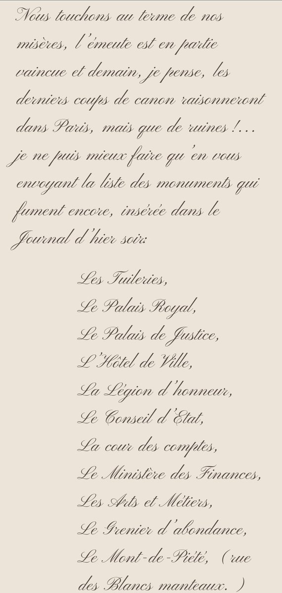 1870Paris's tweet photo. 22 au 27 Mai 1871:

"Nous touchons au terme de nos misères, l’émeute est en partie vaincue et demain, je pense, les derniers coups de canon raisonneront dans Paris, mais que de ruines !…"

https://t.co/XpqJgrGsOy

#CommunedeParis https://t.co/81G9fulgi7
