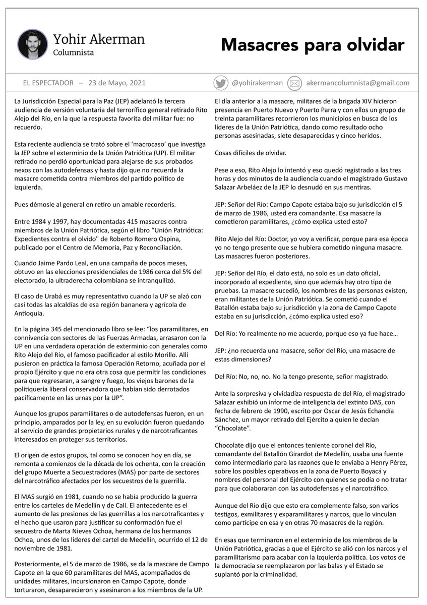 yohirakerman's tweet photo. Mi columna de esta semana se titula #MasacresParaOlvidar. Trae un amable recorderis sobre algunos de los asesinatos que el general en retiro del Ejército, Rito Alejo Del Río, ha decidido no recordar. Espero les guste y la comenten con el numeral https://t.co/6ChZZ61V9K https://t.co/rdPkDDsfcs