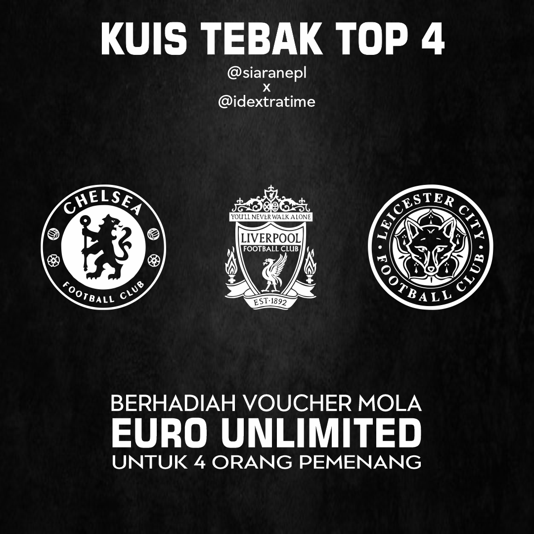 idextratime's tweet photo. 🚨Kuis Tebak Klasemen #EPL🚨
Hadiah paket MOLA EURO UNLIMITED untuk 4 followers kami!

Tebak urutan klasemen akhir Premier League

Contoh: 
3. Chelsea
4. Leicester
5. Liverpool

Syarat:
- Follow 
@SiaranEPL

- Retweet Tweet ini!

Good Luck!
#KuisET https://t.co/D2JqutqHMw
