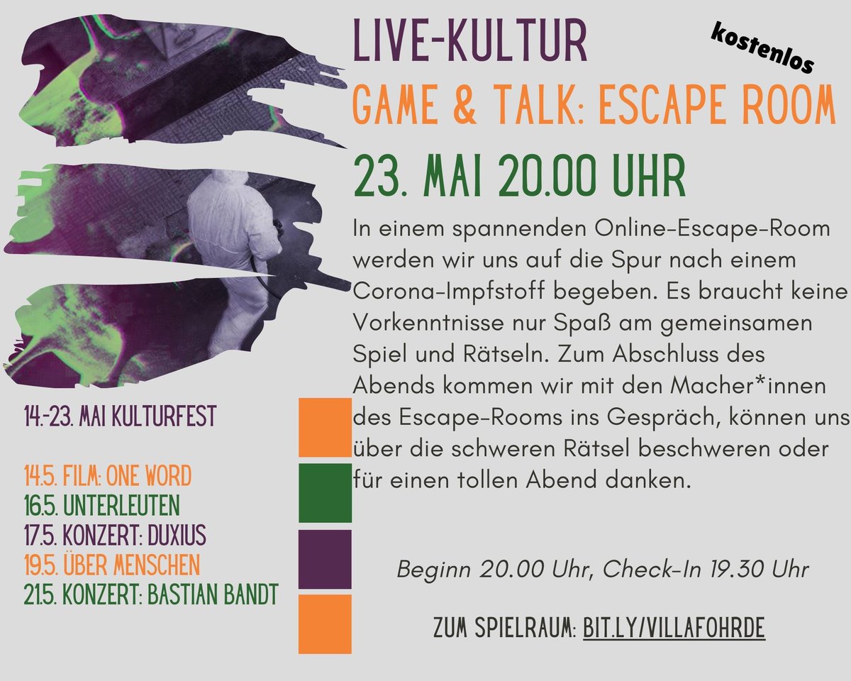 Heute Abend gibts zum Abschluss des Online-Kulturfest Escape-Room-Spaß mit <a href="/SWisible/">StudioWisible</a> ab 19.30 Talk und ab 20.00 Escape- Room. Kommt kostenlos in die virtuelle Villa: villa-fohrde.de/veranstaltunge… <a href="/abc_huell/">abc_huell</a> @AdBpolJuBildung <a href="/MarkUriona/">Mark Uriona</a> @hullewuppe