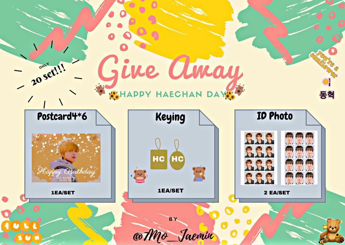 🎉Give Away🎉
Happy Haechan Day 22th🎂🎂
🌈โปสการ์ด 4*6 1ใบ
🍄พวงกุญแจ 1ชิ้น
🌻ไอดีโฟโต้ 2 ใบ/ทั้ง2แบบ
☀️1 เซต ได้4ชิ้น 🎁มี20เซตเท่านั้น
มีค่าเดินทางน้อง 25บาทงับ📮
🎀สุ่มส่งฟรี2คน🎀(รีทวิตนี้เท่านั้นสุ่มวันที่6/6นะงับ)
ฟอร์มในเมนชั่น
#HAPPYHAECHANDAY #HAECHAN