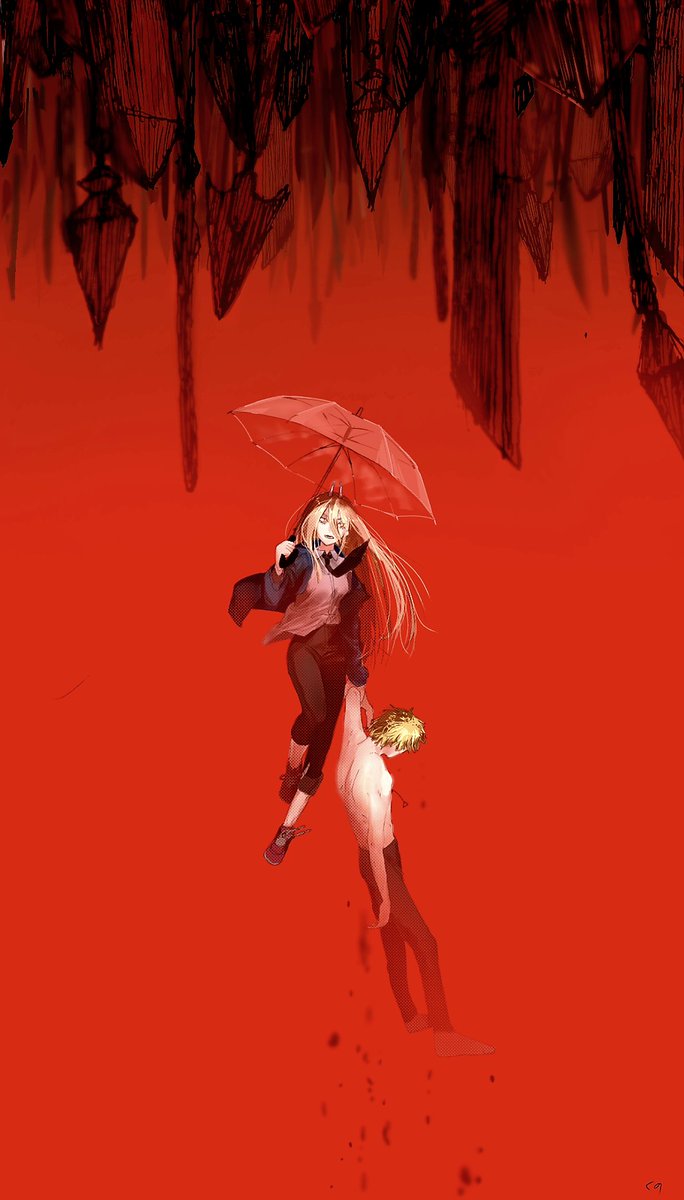 denji (chainsaw man) ,power (chainsaw man) 1girl long hair blonde hair horns 1boy red background umbrella  illustration images