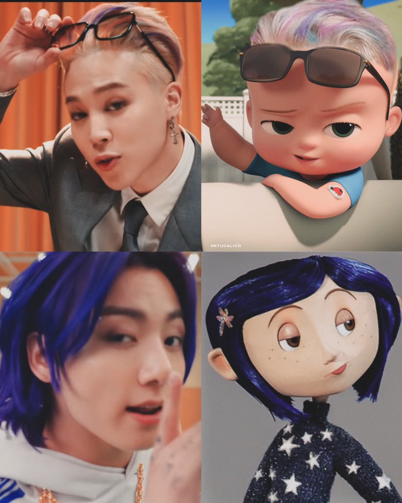 kkyucalico's tweet image. boss baby jimin and coraline jungkook