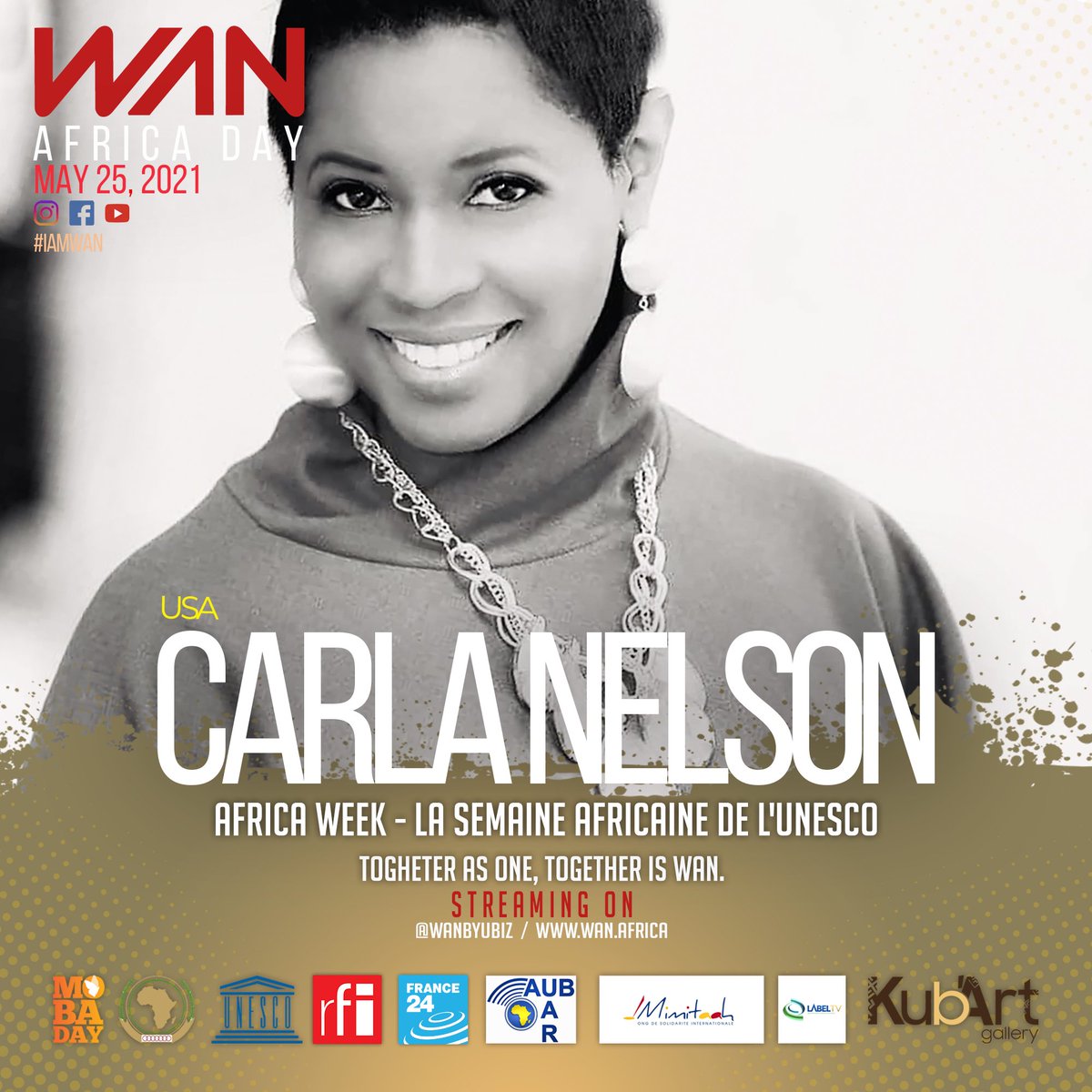 WANbyUbiz's tweet photo. Africa Day 25 May 2020 by WAN PROGRAMM
Show: 8pm in Paris, 6pm in Dakar, 7pm in Yaoundé
Live streaming concert: 10pm in Paris, 8pm in Lomé, 7pm in Bangui
#unesco #africanunion #rfi #france24 #africaday #mobaday @BridgettArtis @CarlaNelson @kennethmugabi @martincamus16 https://t.co/vKKN8eD5XI
