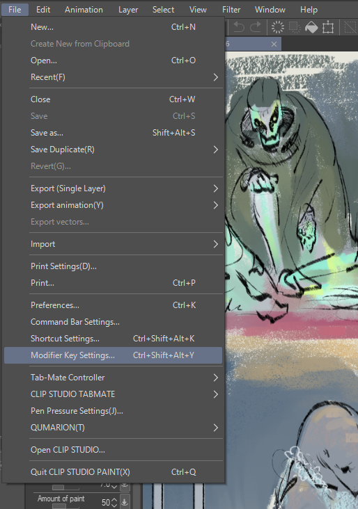nobby___'s tweet photo. @Lushminda_art it should be set to alt (for eyedropper) by default, but you can go into file>modifier key settings to change em!

not sure if it'll have tablet keys, but I think if you set them to the same keystroke it should work https://t.co/UVoM379pGS