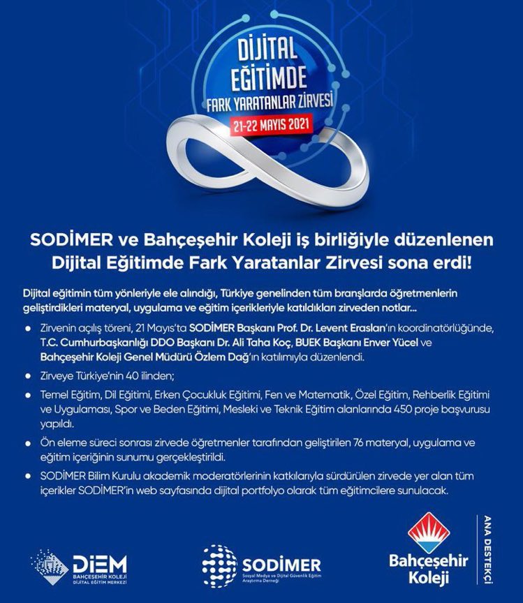 📢 SODİMER ve Bahçeşehir Koleji iş birliğiyle düzenlenen “Dijital Eğitimde Fark Yaratanlar Zirvesi” sona erdi!

Zirve kapsamında, dijital eğitim sürecinde geliştirdiği fark yaratacak yüzlerce materyal, uygulama ve eğitim içeriğini sunan değerli eğitimcilere teşekkür ederiz.