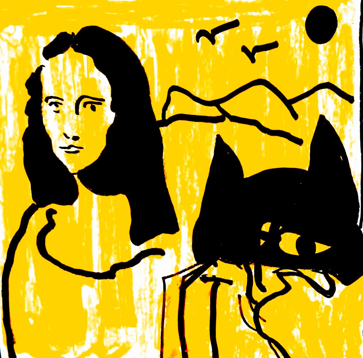 artispolitical's tweet photo. Couche du soleil, Mona et le chat, techniques mixtes sur papier #HasanJafri #arte #peinture #techniquesmixtes #artecontemporain #artispolitical https://t.co/1l3oseNT2w