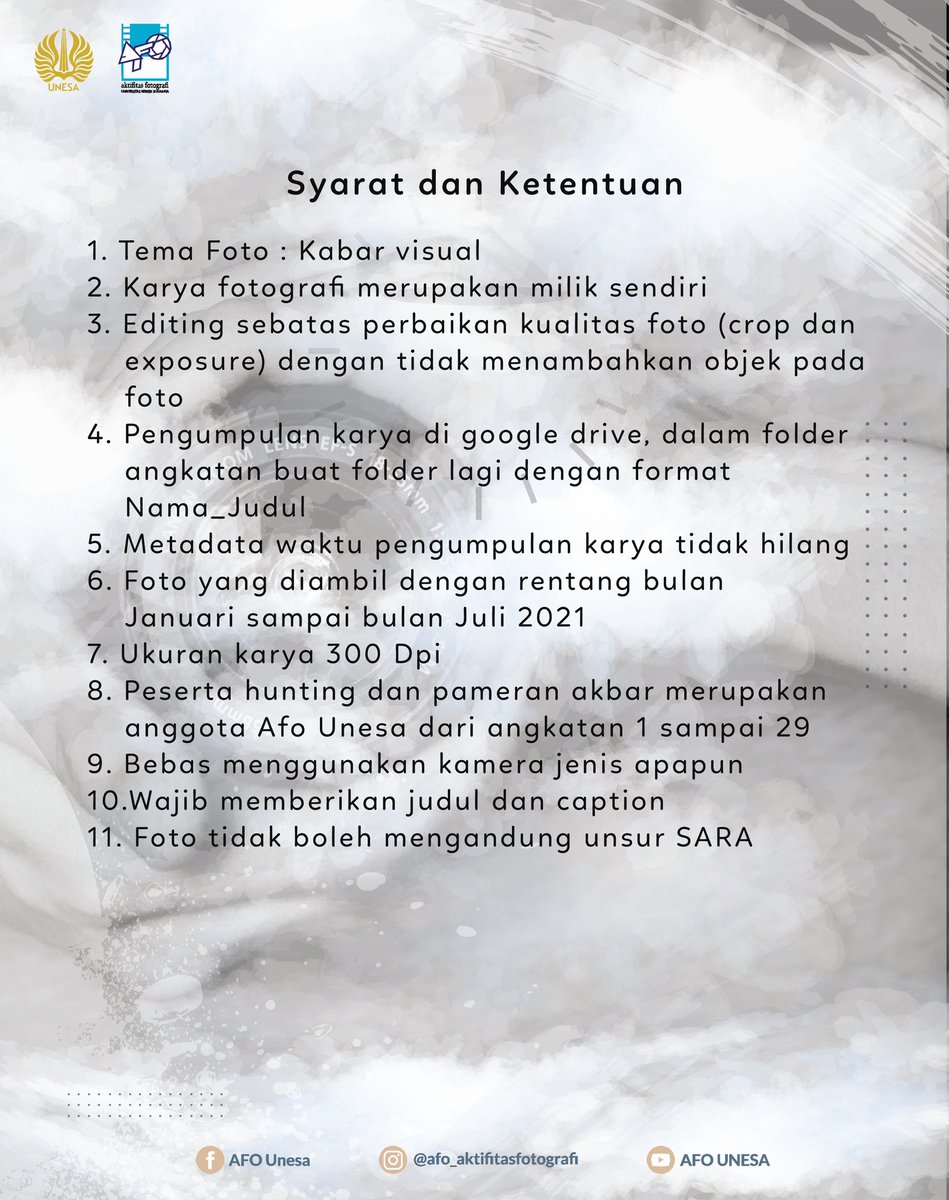 Hallo kawan semuanya! 

Saat ini, kami pengurus AFo membawa kabar untuk teman-teman mengenai Hunting Akbar dan Pameran 2021 yang mengusung tema "Kabar Visual" dengan latar belakang saling berkomunikasi atau bertukar kabar melalui karya foto anggota AFo.