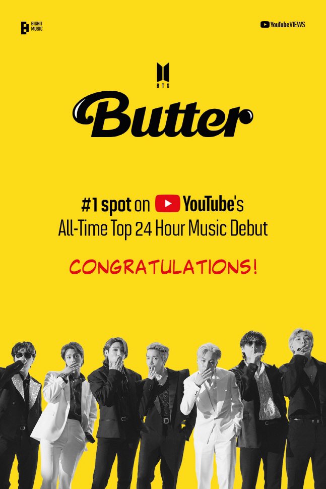 choi_bts2's tweet photo. Butter 🧈 #1 spot on Youtube's all-time top 24 hour music Debut @BTS_twt 
#BTS_Butter #SmoothLikeButter 
#Got_ARMY_Behind_Us https://t.co/bzW4H38d2T